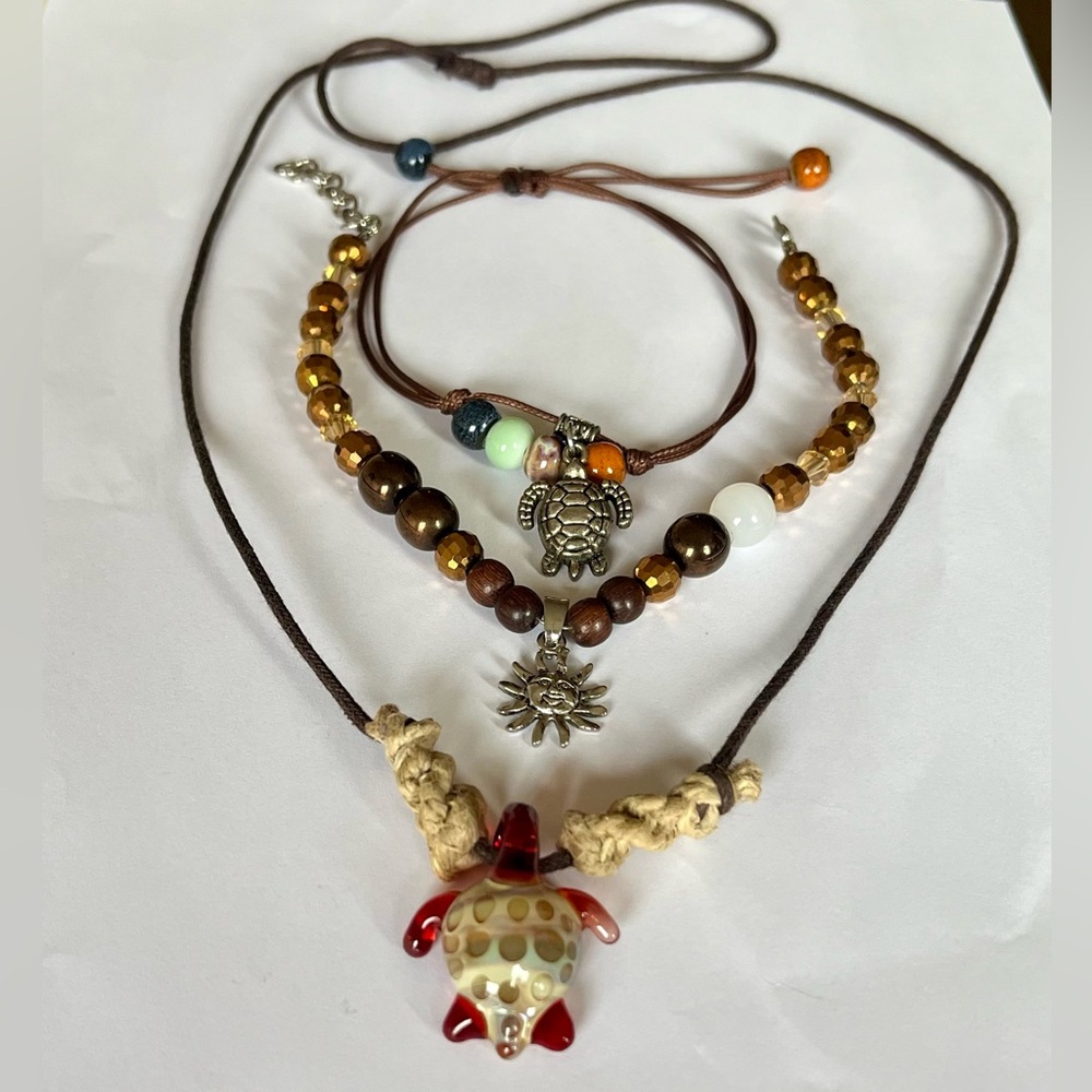 jewelry brown 3 piece lot (GUC) turtle/sun silver tone - jewelry